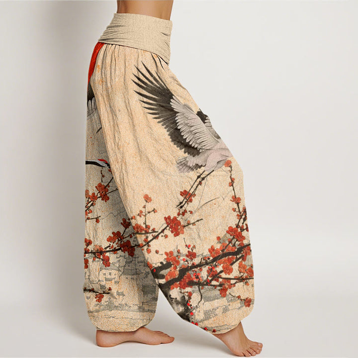 Buddha Stones Red-Crowned Crane Sun Red Plum Blossom Pattern Women's Elastic Waist Harem Pants - image 10