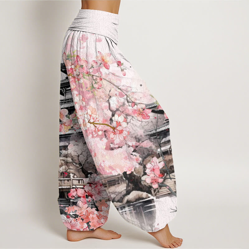 Buddha Stones Pavilion Cherry Blossom Pattern Women's Elastic Waist Harem Pants - image 3