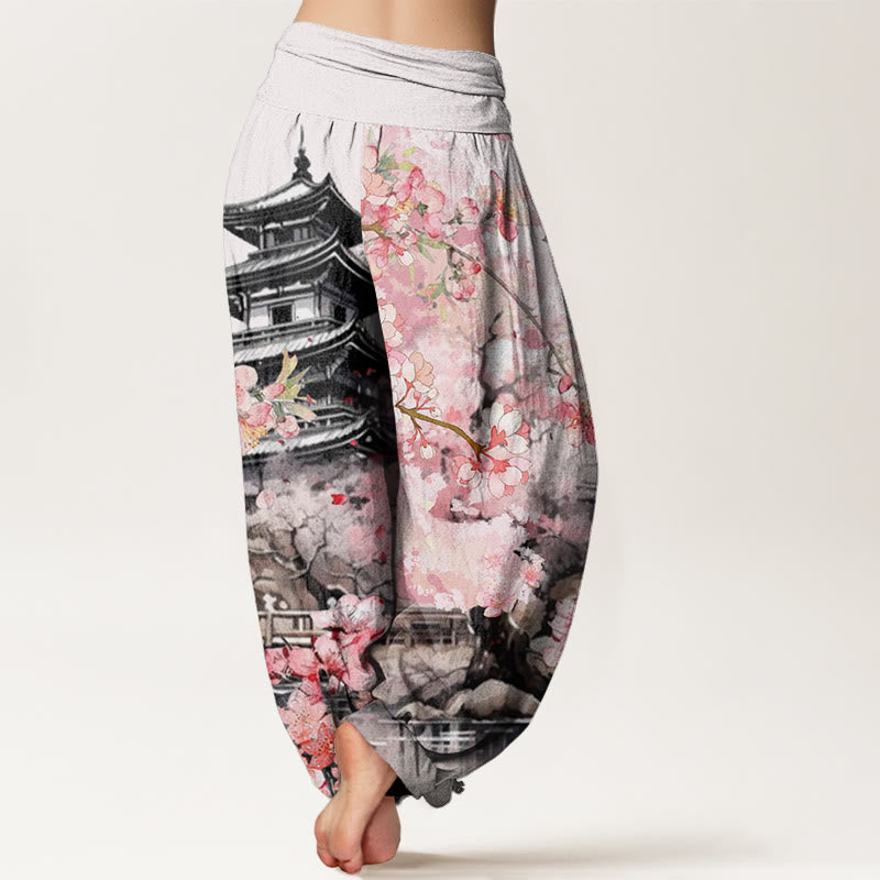 Buddha Stones Cotton Pavilion Cherry Blossom Pattern Women's Elastic Waist Harem Pants - image 1