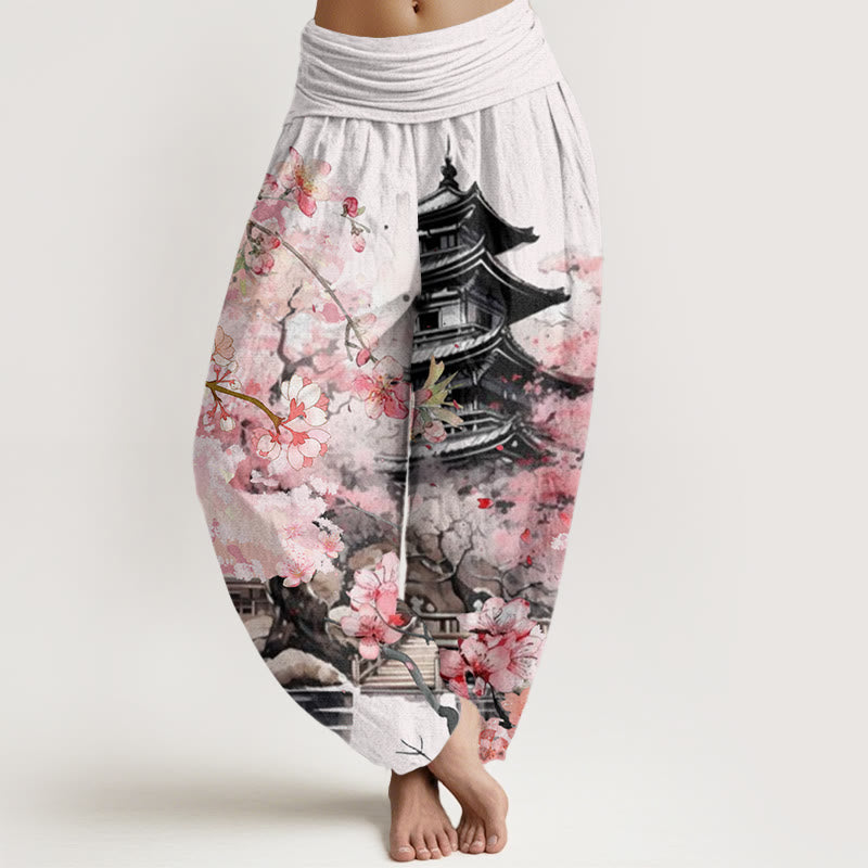 Buddha Stones Pavilion Cherry Blossom Pattern Women's Elastic Waist Harem Pants - White - US22，UK/AU26，EU54 (6XL) - image 1