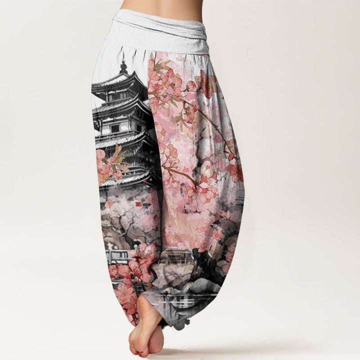 Buddha Stones Pavilion Cherry Blossom Pattern Women's Elastic Waist Harem Pants - image 6