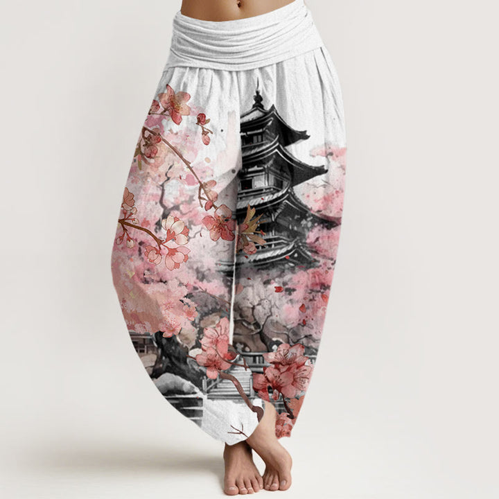 Buddha Stones Pavilion Cherry Blossom Pattern Women's Elastic Waist Harem Pants - Snow - US22，UK/AU26，EU54 (6XL) - image 5