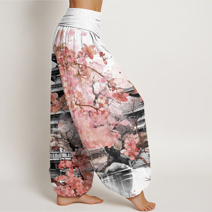 Buddha Stones Pavilion Cherry Blossom Pattern Women's Elastic Waist Harem Pants - image 7