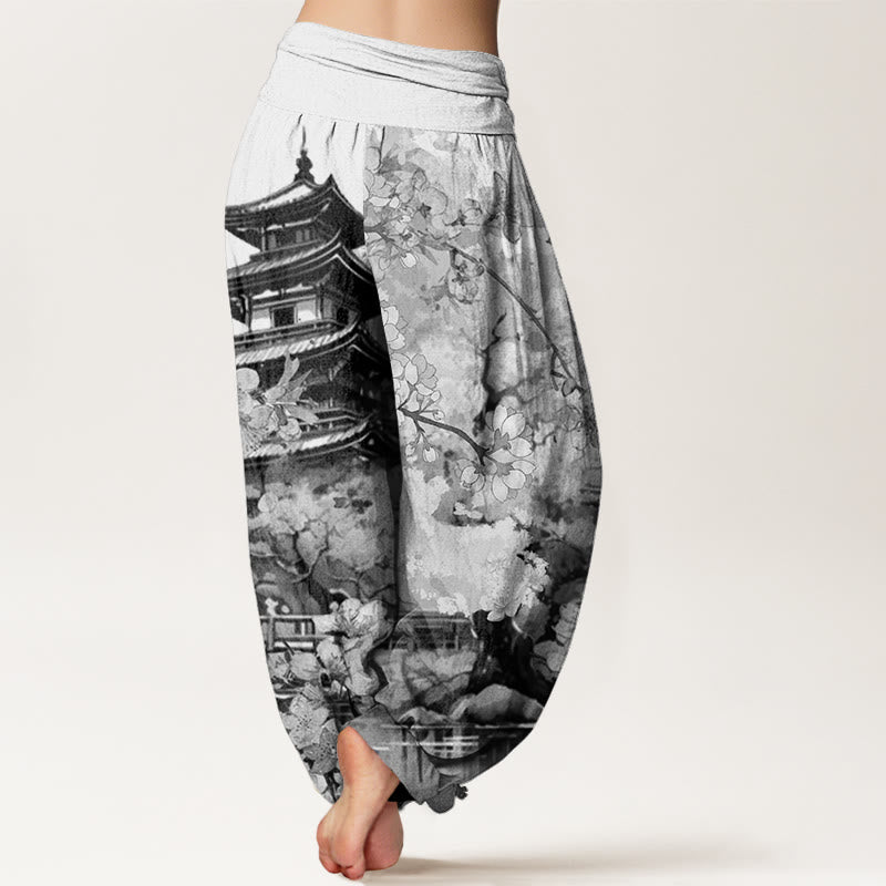 Buddha Stones Pavilion Cherry Blossom Pattern Women's Elastic Waist Harem Pants - image 9