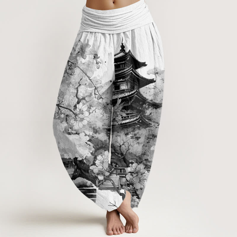 Buddha Stones Pavilion Cherry Blossom Pattern Women's Elastic Waist Harem Pants - WhiteSmoke - US22，UK/AU26，EU54 (6XL) - image 8
