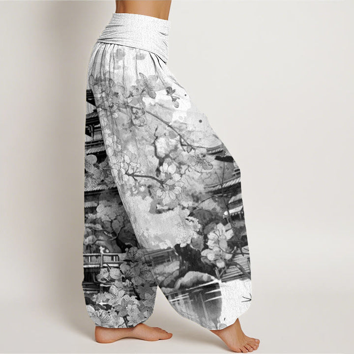 Buddha Stones Pavilion Cherry Blossom Pattern Women's Elastic Waist Harem Pants - image 10
