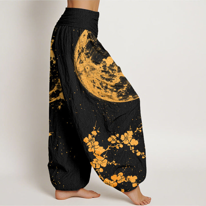 Buddha Stones Golden Plum Blossom Full Moon Pattern Women's Elastic Waist Harem Pants - image 3