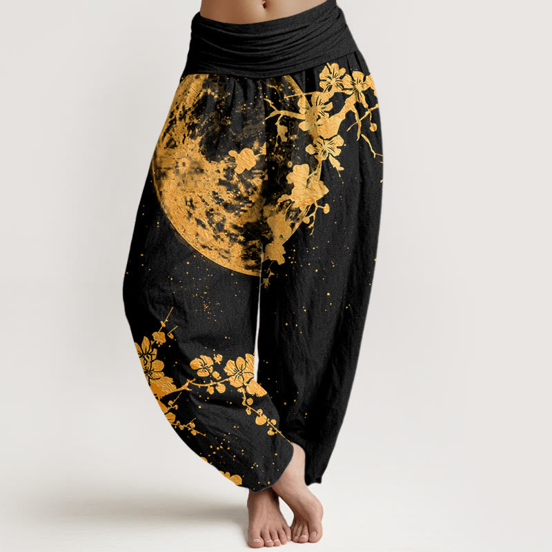 Buddha Stones Golden Plum Blossom Full Moon Pattern Women's Elastic Waist Harem Pants - Black - US22，UK/AU26，EU54 (6XL) - image 1