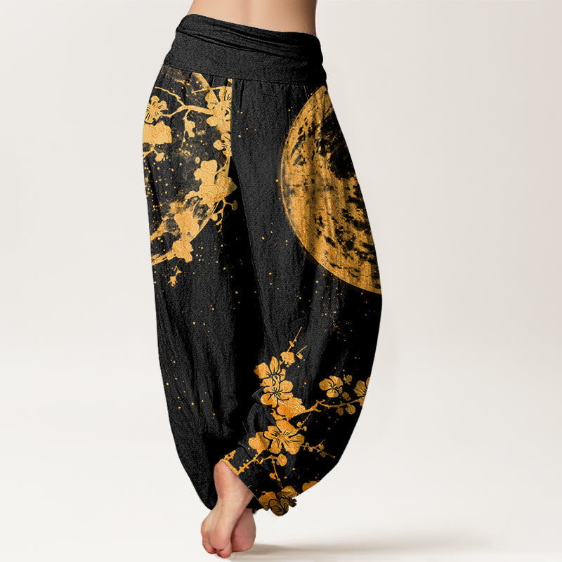 Buddha Stones Golden Plum Blossom Full Moon Pattern Women's Elastic Waist Harem Pants - image 2