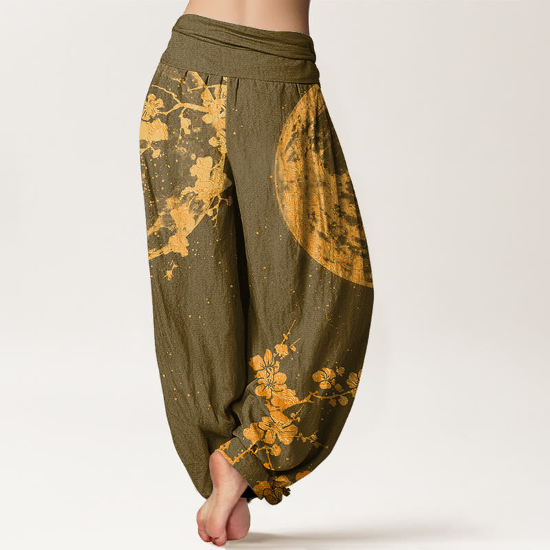 Buddha Stones Golden Plum Blossom Full Moon Pattern Women's Elastic Waist Harem Pants - image 6
