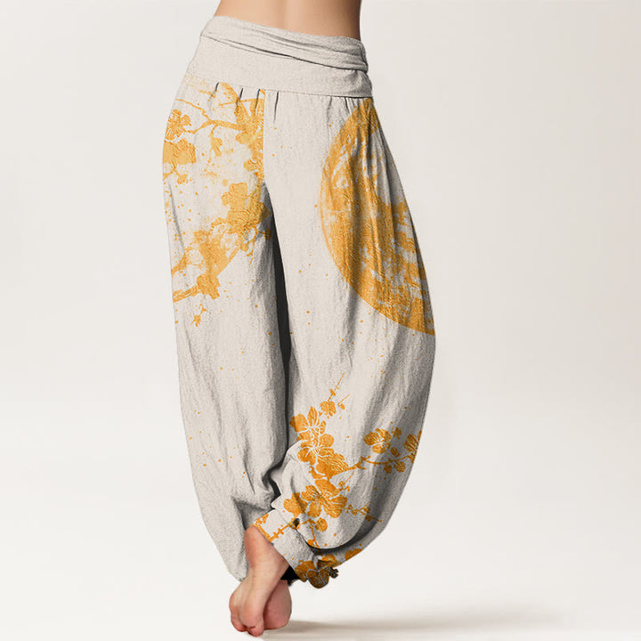 Buddha Stones Golden Plum Blossom Full Moon Pattern Women's Elastic Waist Harem Pants - image 9