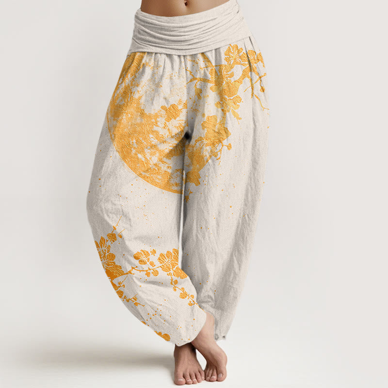 Buddha Stones Cotton Golden Plum Blossom Full Moon Pattern Women's Elastic Waist Harem Pants - Beige - US22，UK/AU26，EU54 (6XL) - image 7