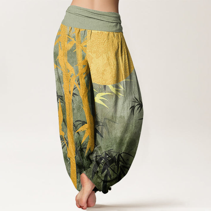 Buddha Stones Cotton Bamboo Leaves Full Moon Pattern Women's Elastic Waist Harem Pants - image 1