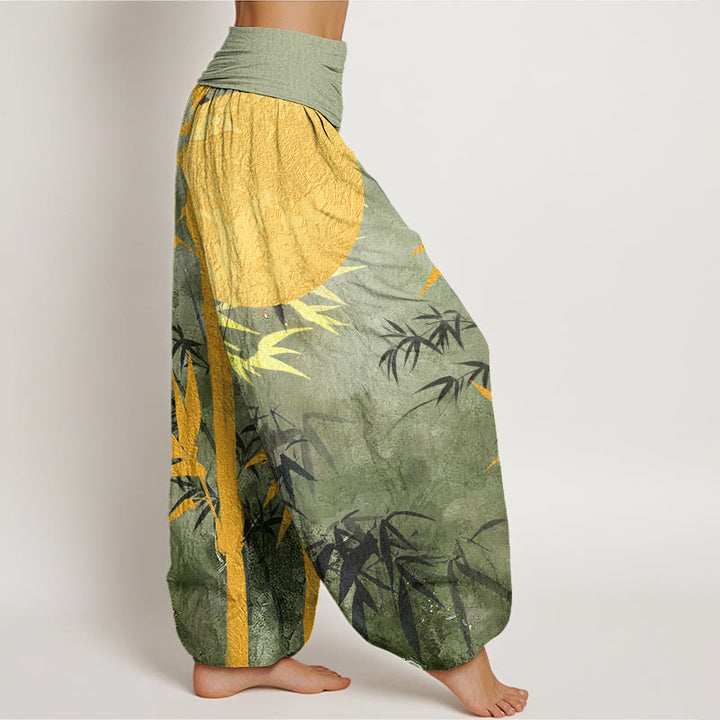 Buddha Stones Bamboo Leaves Full Moon Pattern Women's Elastic Waist Harem Pants - image 3
