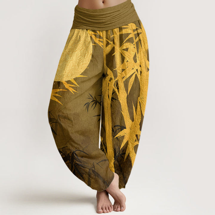 Buddha Stones Bamboo Leaves Full Moon Pattern Women's Elastic Waist Harem Pants - DarkKhaki - US22，UK/AU26，EU54 (6XL) - image 5