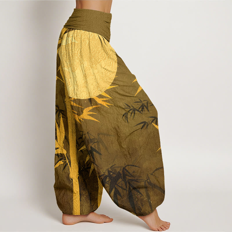 Buddha Stones Cotton Bamboo Leaves Full Moon Pattern Women's Elastic Waist Harem Pants - image 6