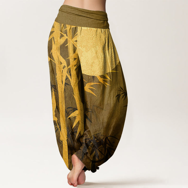 Buddha Stones Bamboo Leaves Full Moon Pattern Women's Elastic Waist Harem Pants - image 6