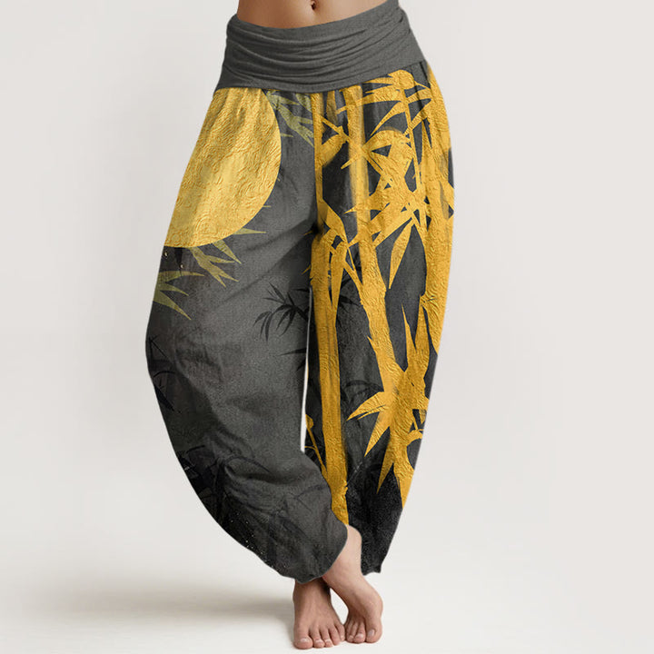 Buddha Stones Bamboo Leaves Full Moon Pattern Women's Elastic Waist Harem Pants - DarkSlateGray - US22，UK/AU26，EU54 (6XL) - image 8