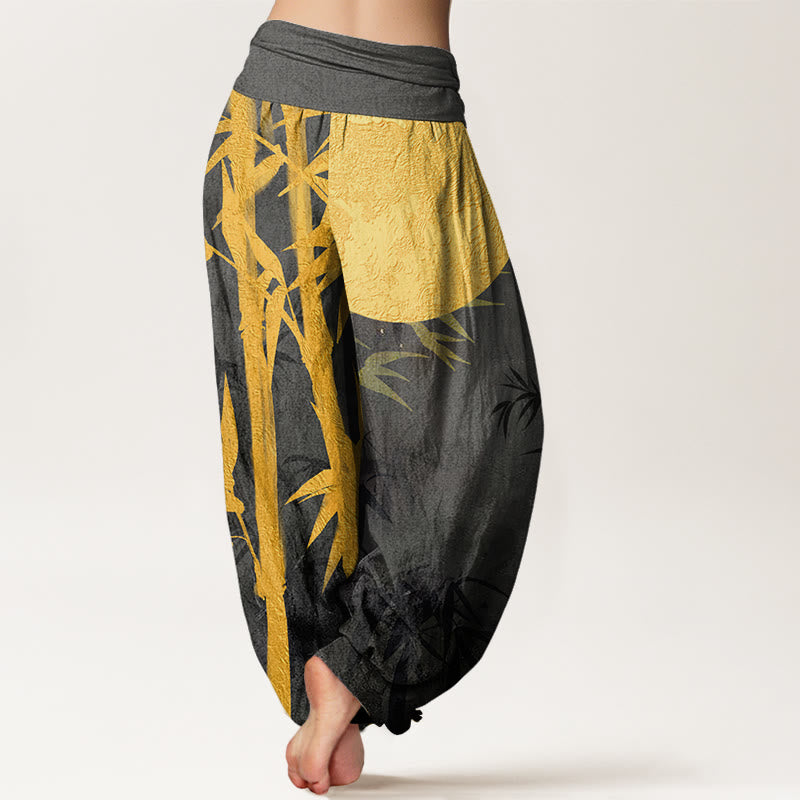 Buddha Stones Cotton Bamboo Leaves Full Moon Pattern Women's Elastic Waist Harem Pants - image 8