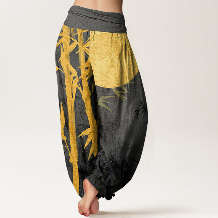 Buddha Stones Cotton Bamboo Leaves Full Moon Pattern Women's Elastic Waist Harem Pants - image 8