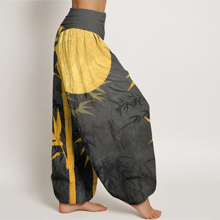 Buddha Stones Bamboo Leaves Full Moon Pattern Women's Elastic Waist Harem Pants - image 10