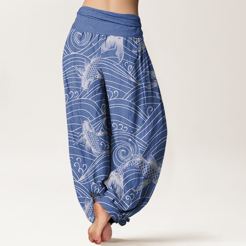 Buddha Stones Koi Fish Wave Pattern Women's Elastic Waist Harem Pants - image 2