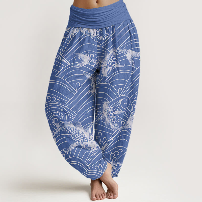 Buddha Stones Koi Fish Wave Pattern Women's Elastic Waist Harem Pants - RoyalBlue - US22，UK/AU26，EU54 (6XL) - image 1