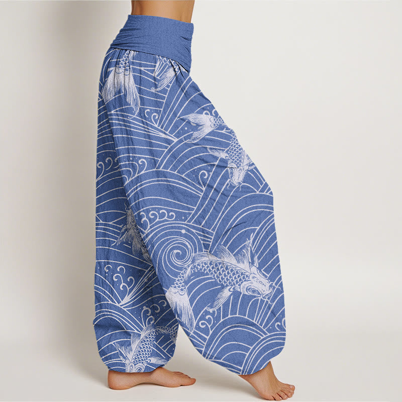 Buddha Stones Koi Fish Wave Pattern Women's Elastic Waist Harem Pants - image 3