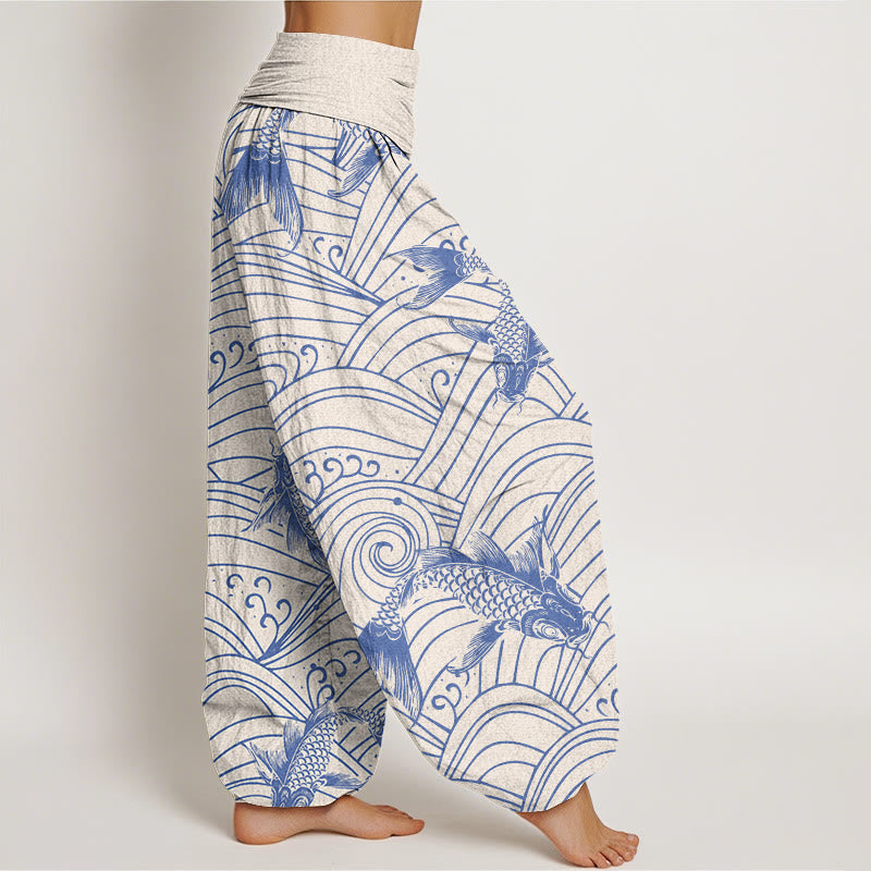 Buddha Stones Koi Fish Wave Pattern Women's Elastic Waist Harem Pants - image 7