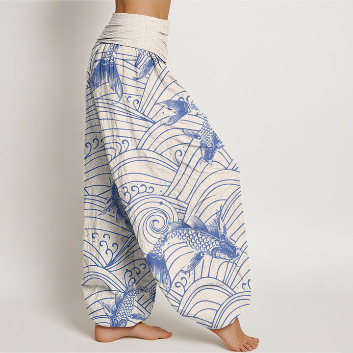 Buddha Stones Koi Fish Wave Pattern Women's Elastic Waist Harem Pants - image 7