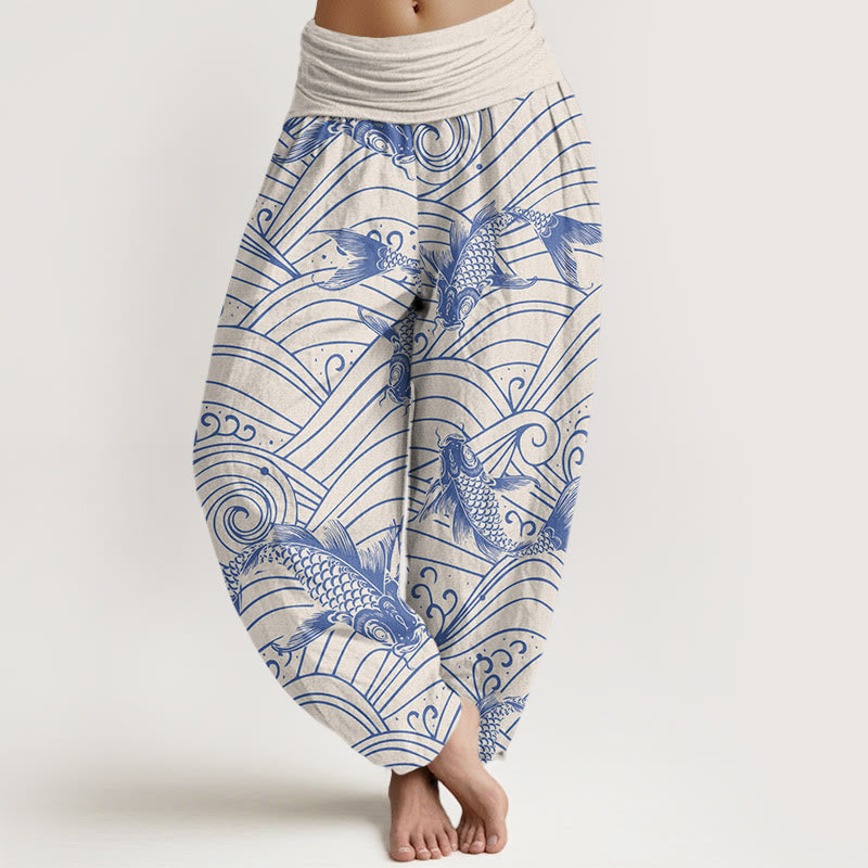 Buddha Stones Koi Fish Wave Pattern Women's Elastic Waist Harem Pants - Beige - US22，UK/AU26，EU54 (6XL) - image 5