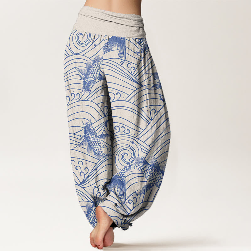 Buddha Stones Koi Fish Wave Pattern Women's Elastic Waist Harem Pants - image 6