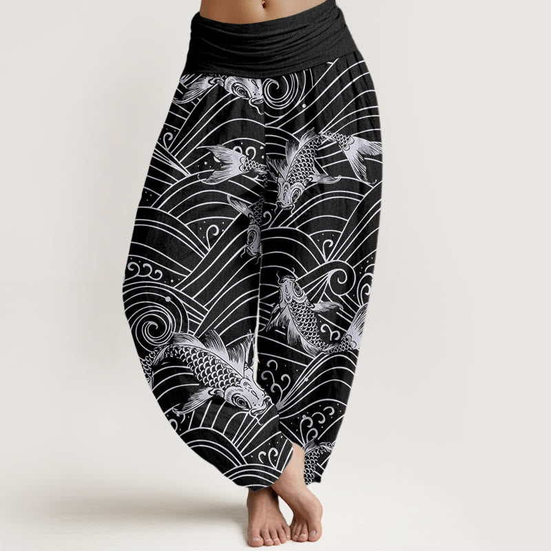 Buddha Stones Koi Fish Wave Pattern Women's Elastic Waist Harem Pants - Black - US22，UK/AU26，EU54 (6XL) - image 8