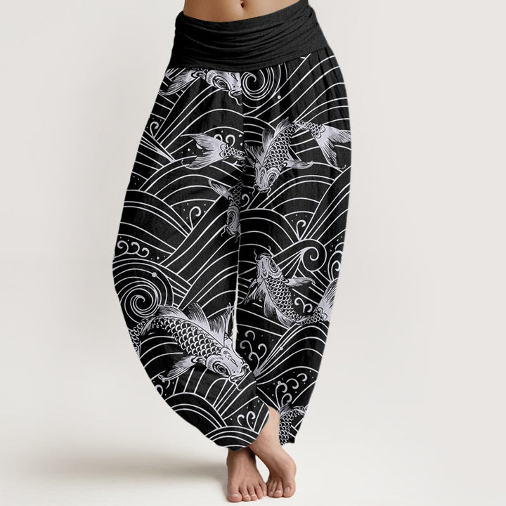 Buddha Stones Koi Fish Wave Pattern Women's Elastic Waist Harem Pants - Black - US22，UK/AU26，EU54 (6XL) - image 8