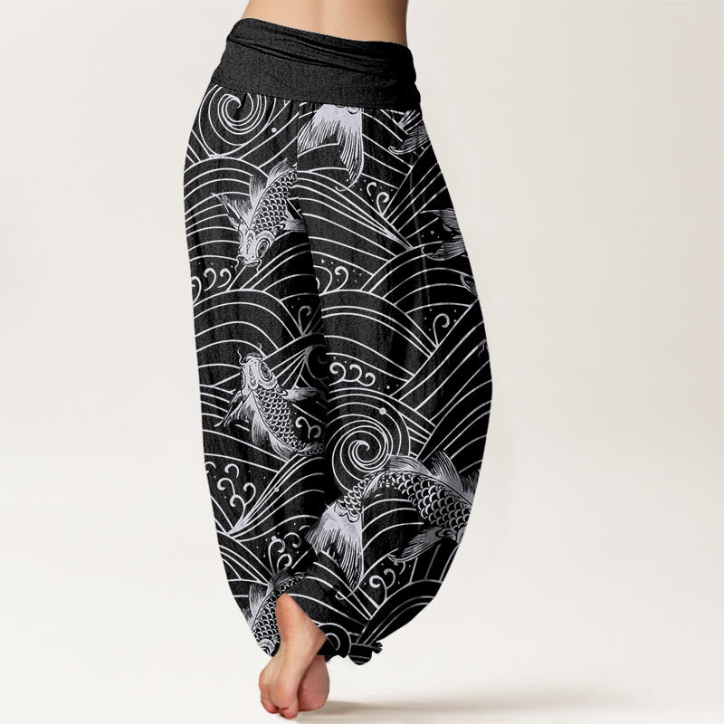 Buddha Stones Koi Fish Wave Pattern Women's Elastic Waist Harem Pants - image 9