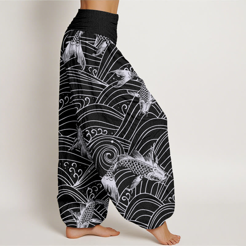 Buddha Stones Koi Fish Wave Pattern Women's Elastic Waist Harem Pants - image 10