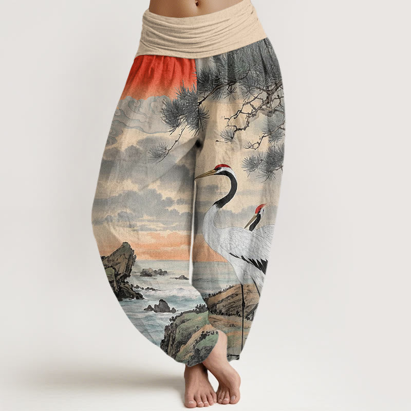 Buddha Stones Casual Red-Crowned Crane Sun Tree Pattern Women's Elastic Waist Harem Pants - PaleGoldenrod - US22，UK/AU26，EU54 (6XL) - image 1