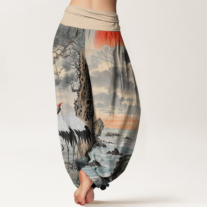 Buddha Stones Casual Red-Crowned Crane Sun Tree Pattern Women's Elastic Waist Harem Pants - image 2