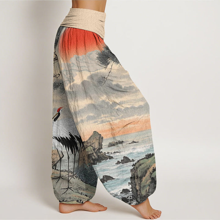Buddha Stones Casual Red-Crowned Crane Sun Tree Pattern Women's Elastic Waist Harem Pants - image 3