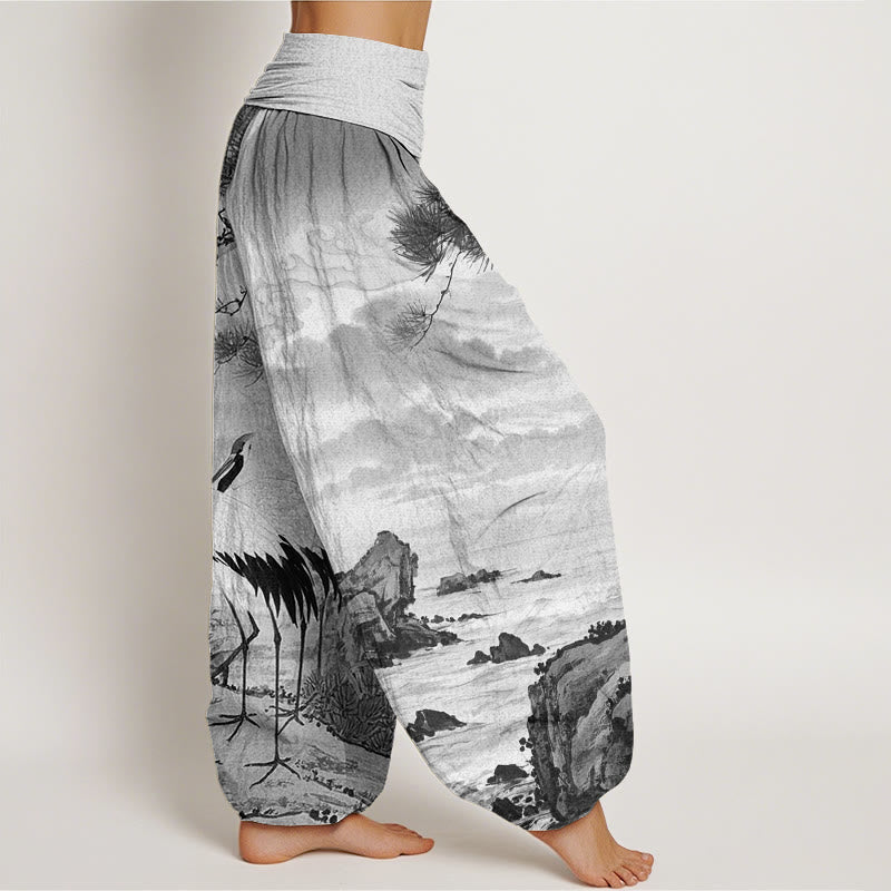 Buddha Stones Casual Red-Crowned Crane Sun Tree Pattern Women's Elastic Waist Harem Pants - image 7