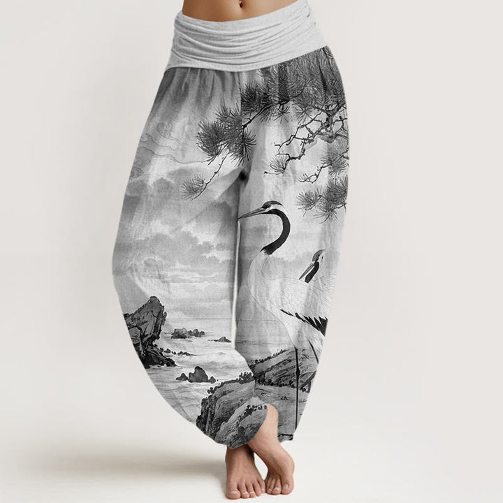 Buddha Stones Casual Red-Crowned Crane Sun Tree Pattern Women's Elastic Waist Harem Pants - LightGrey - US22，UK/AU26，EU54 (6XL) - image 5