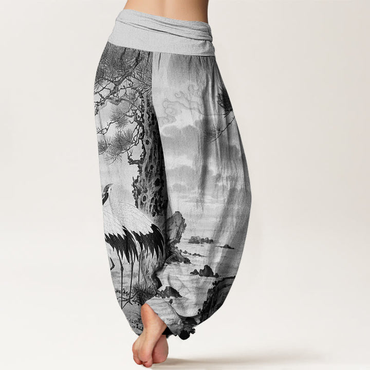 Buddha Stones Casual Red-Crowned Crane Sun Tree Pattern Women's Elastic Waist Harem Pants - image 6