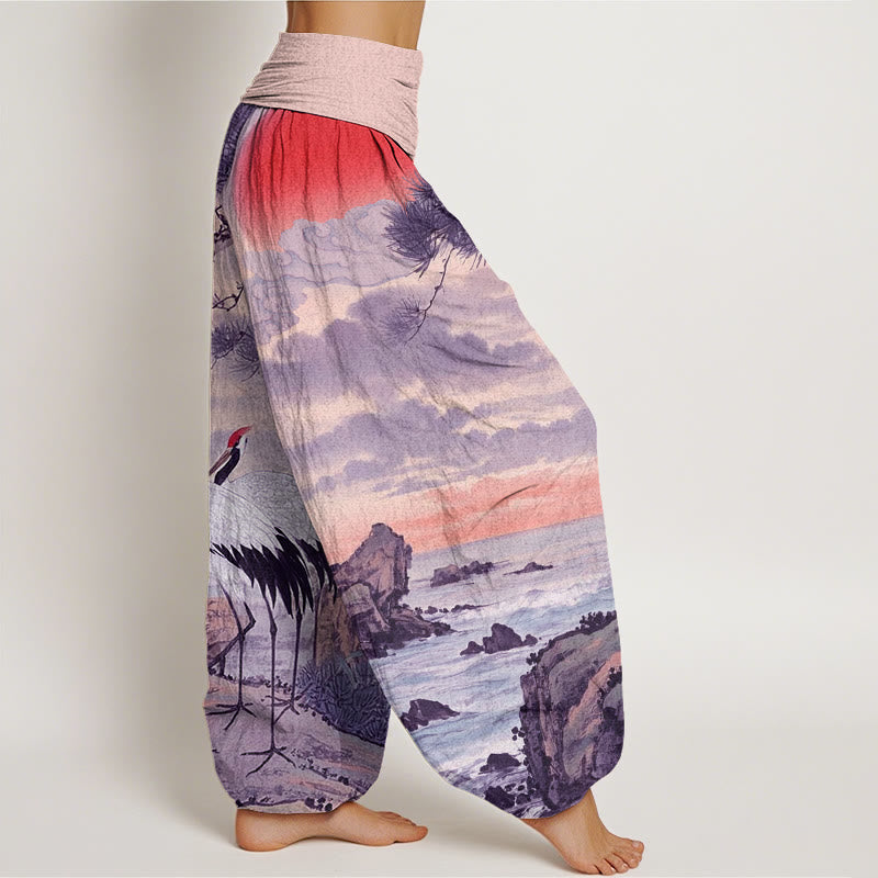 Buddha Stones Casual Red-Crowned Crane Sun Tree Pattern Women's Elastic Waist Harem Pants - image 10