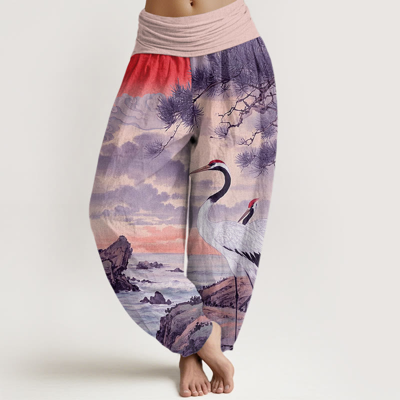 Buddha Stones Casual Red-Crowned Crane Sun Tree Pattern Women's Elastic Waist Harem Pants - LightPink - US22，UK/AU26，EU54 (6XL) - image 8