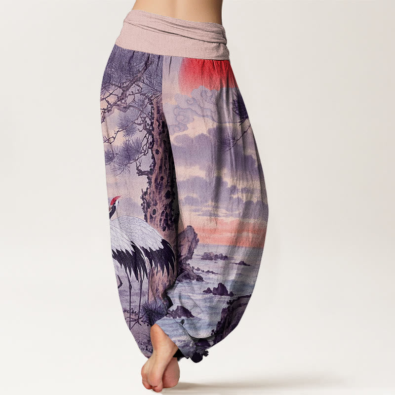 Buddha Stones Casual Red-Crowned Crane Sun Tree Pattern Women's Elastic Waist Harem Pants - image 9