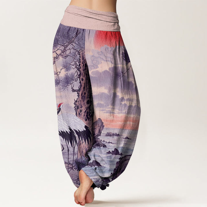 Buddha Stones Casual Red-Crowned Crane Sun Tree Pattern Women's Elastic Waist Harem Pants - image 9