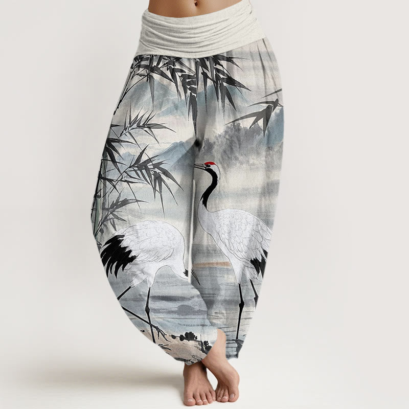 Buddha Stones Casual Red-Crowned Crane Bamboo Leaves Mountain Pattern Women's Elastic Waist Harem Pants - WhiteSmoke - US22，UK/AU26，EU54 (6XL) - image 1
