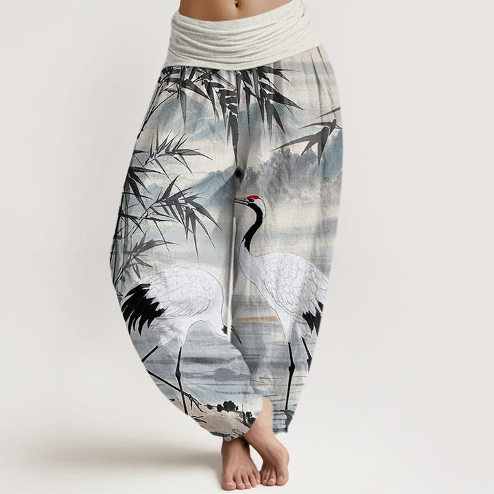 Buddha Stones Casual Red-Crowned Crane Bamboo Leaves Mountain Pattern Women's Elastic Waist Harem Pants - WhiteSmoke - US22，UK/AU26，EU54 (6XL) - image 1