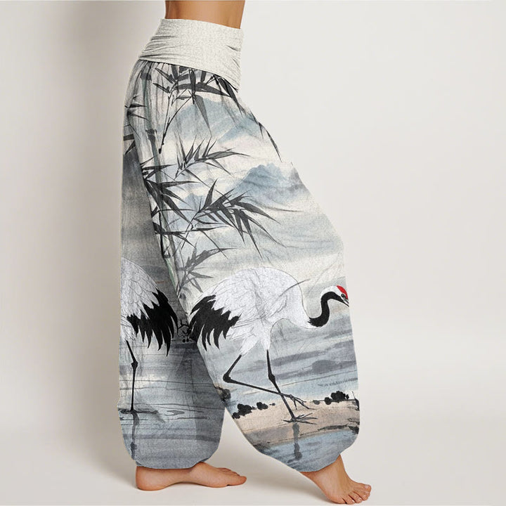 Buddha Stones Casual Red-Crowned Crane Bamboo Leaves Mountain Pattern Women's Elastic Waist Harem Pants - image 3