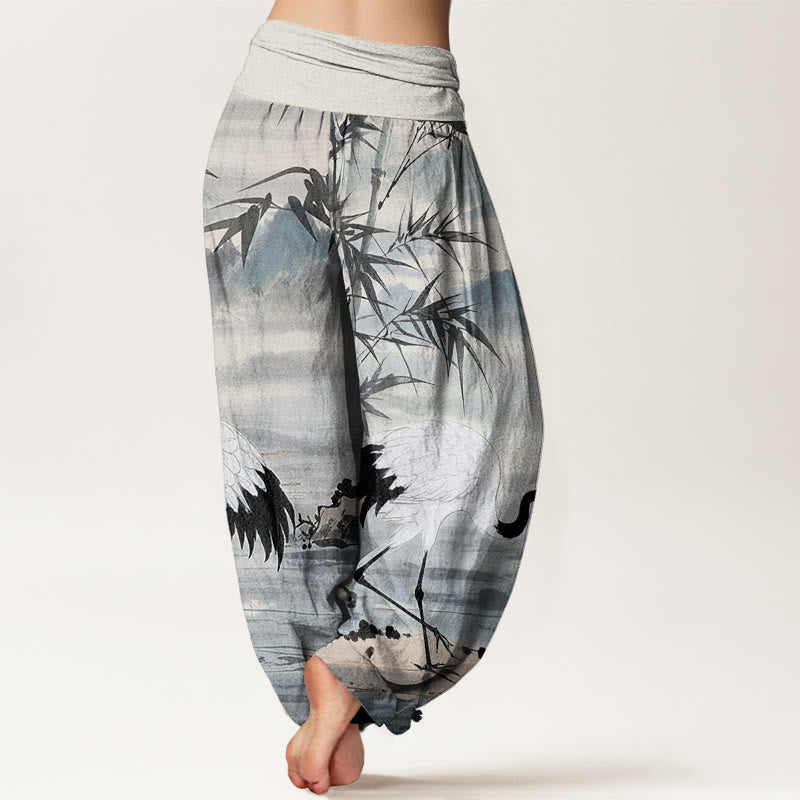 Buddha Stones Casual Red-Crowned Crane Bamboo Leaves Mountain Pattern Women's Elastic Waist Harem Pants - image 2